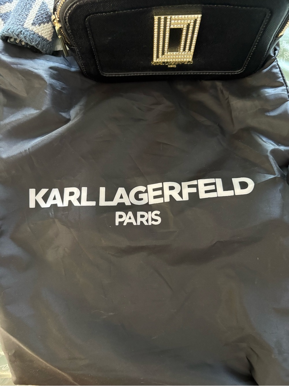 Karl Lagerfeld Black Crossbody Bag with Gold Geometric Emblem